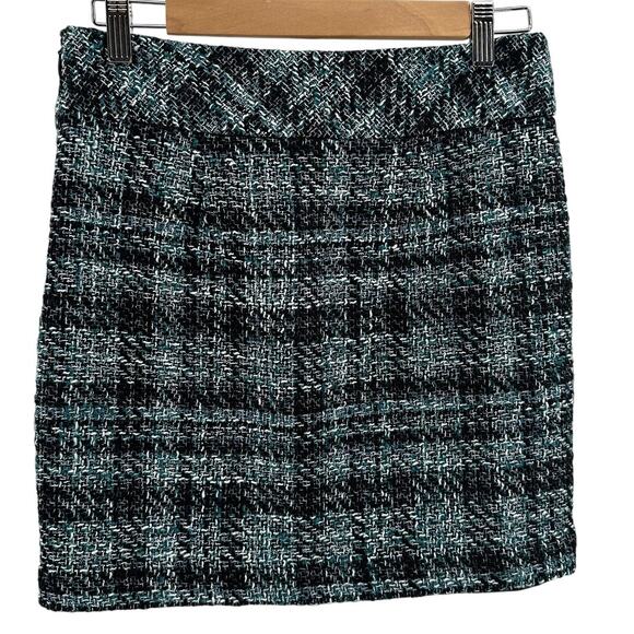 Loft Mini Skirt WMNS 4P Teal Plaid Wool Blend Tweed Straight Lined Dark Academia - Picture 2 of 4